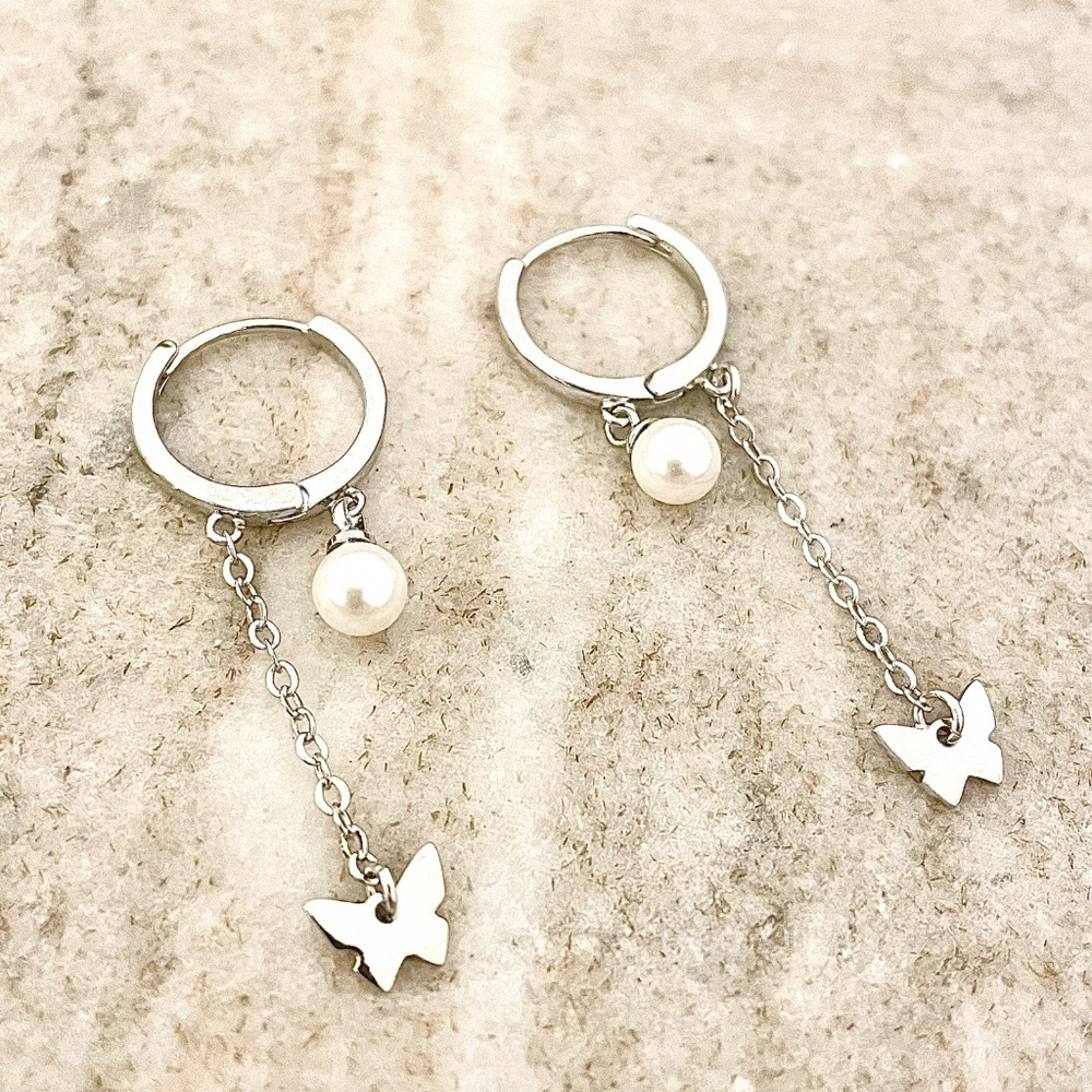 925 Sterling Silver Butterfly Pearl Hoop Earrings Butterfly Drop Earrings
